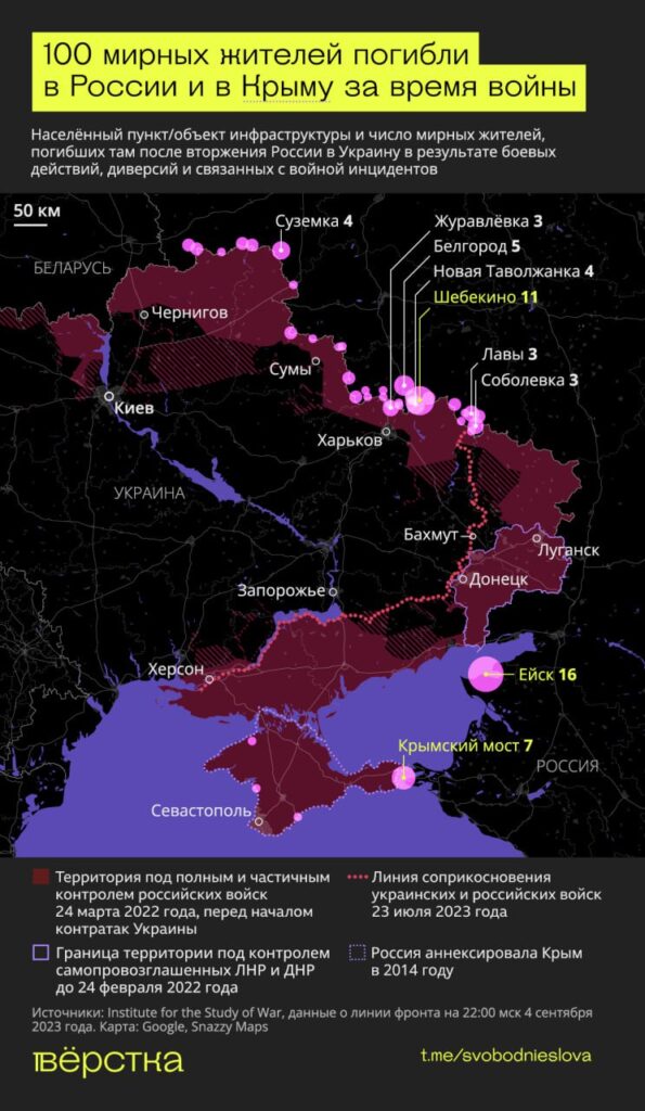 Населённый пункт/объект инфраструктуры и число мирных жителей, погибших там после вторжения России и Украины в результате боевых действий, диверсий и связанных с войной инцидентов инфографика
