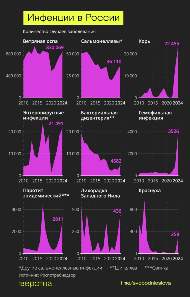 В России в&nbsp;2024 году зафиксировали рекордное число заболеваний корью, краснухой и&nbsp;ветрянкой
