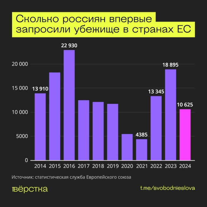 В&nbsp;2024 году 10&nbsp;625 граждан России обратились к&nbsp;властям стран Евросоюза с&nbsp;просьбой предоставить им&nbsp;убежище