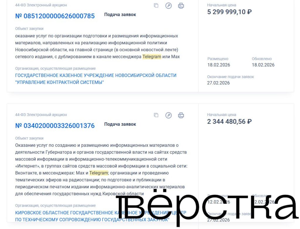 С момента начала новой волны блокировок Telegram в России, начавшейся 10 февраля, чиновники в восьми регионах опубликовали госзакупки на продвижение в этом мессенджере и на других площадках